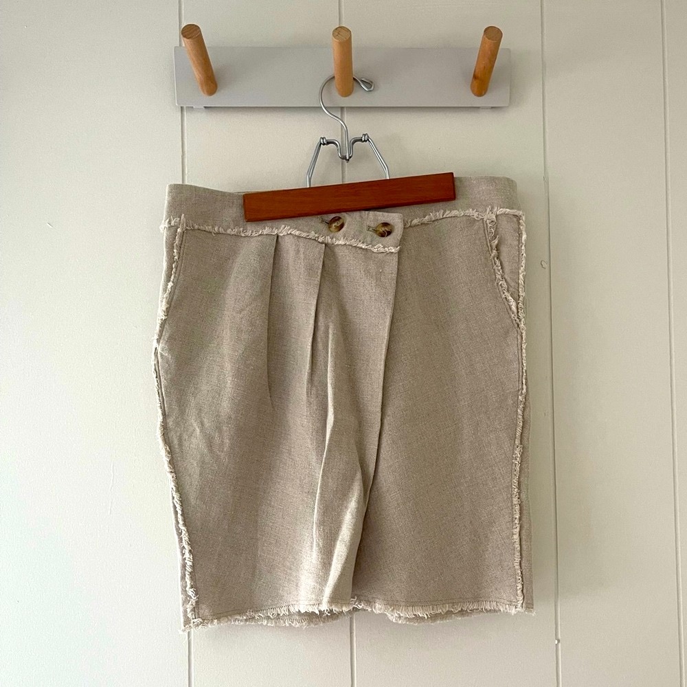 Michael Kors Women's Raw Edge Linen Mini Pencil Skirt Sz 6 Faux Wrap Button Tan
